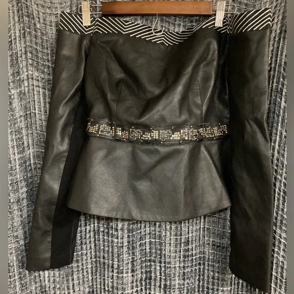BCBGMaxAzria Black Faux Leather Top with Embellished Belt - Picture 1 of 8